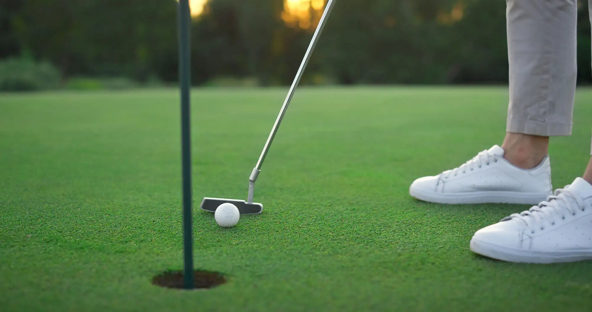 Close up of golfer putting a golf ball into the hole